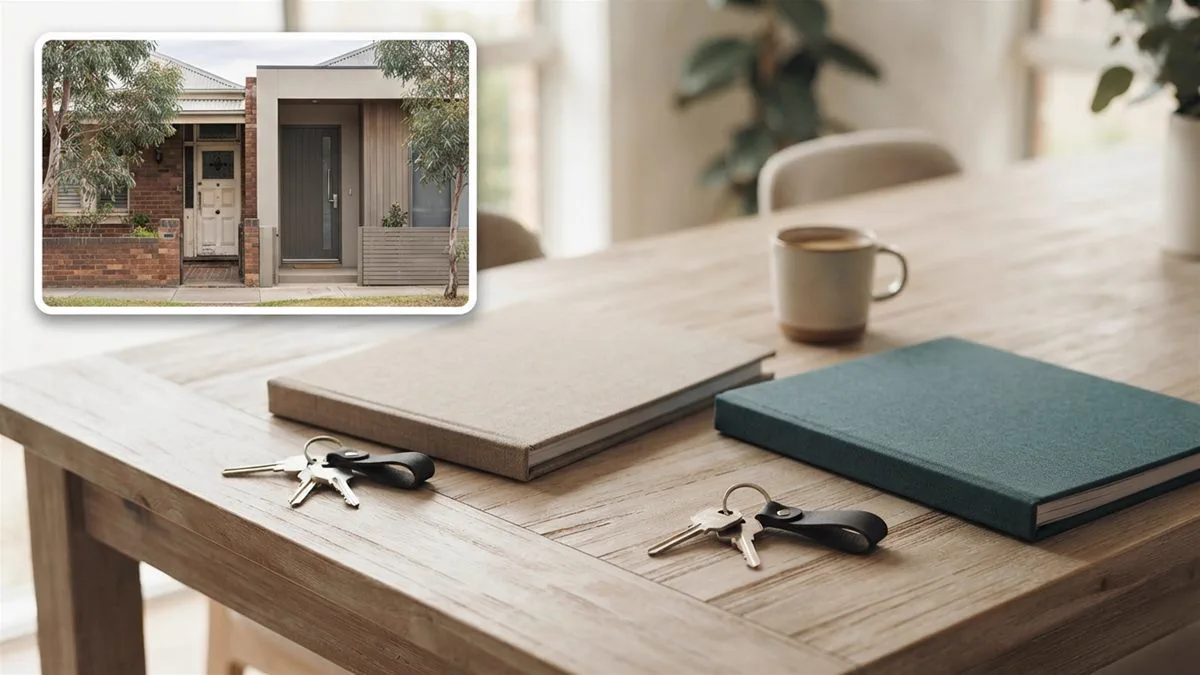 Two sets of house keys on a table beside two property folders, in an Australian home
